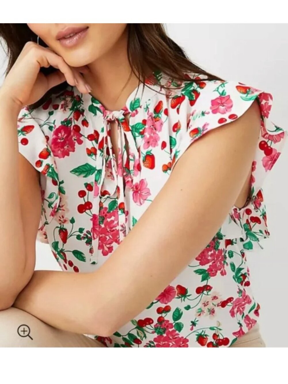ANN TAYLOR Floral Mixed Media Ruffle Sleeve Tie Neck Shell Top White Strawberry - Picture 3 of 16
